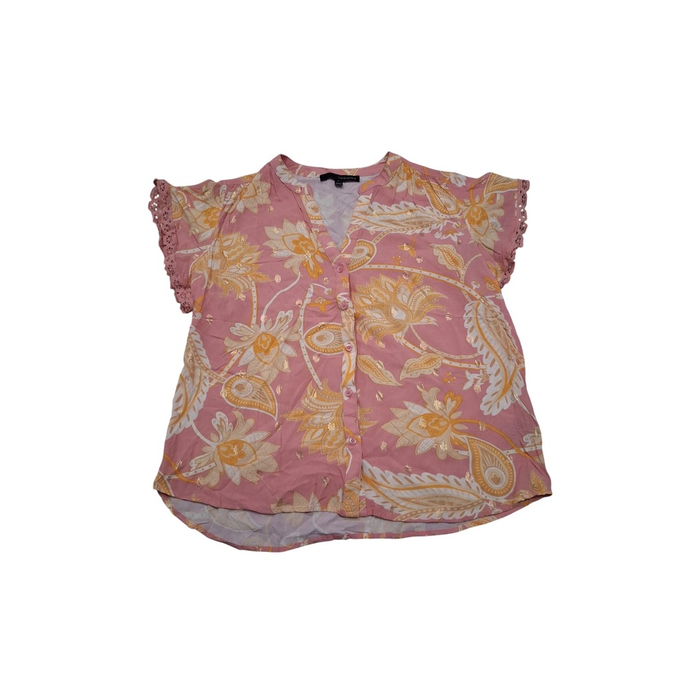 Harve Benard Womens Pink Paisley Gold Foil Lace Flutter Sleeve Blouse Large